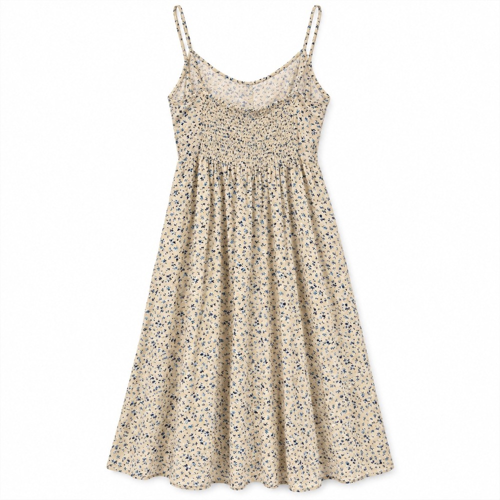 Arizona Smocked Floral Midi Dress Womens Sz L Tan Blue Button Front Boho Prairie - Picture 3 of 9